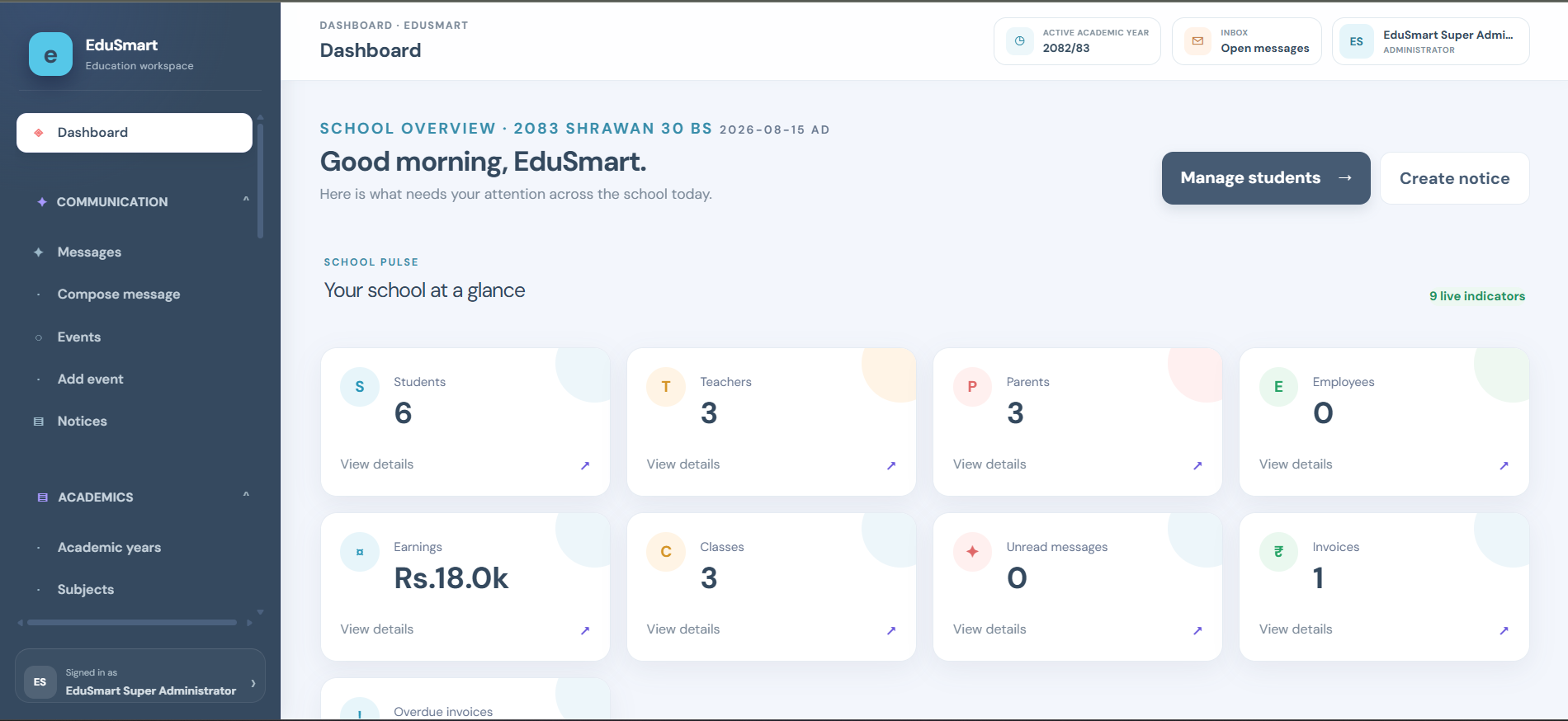 EduSmart school dashboard